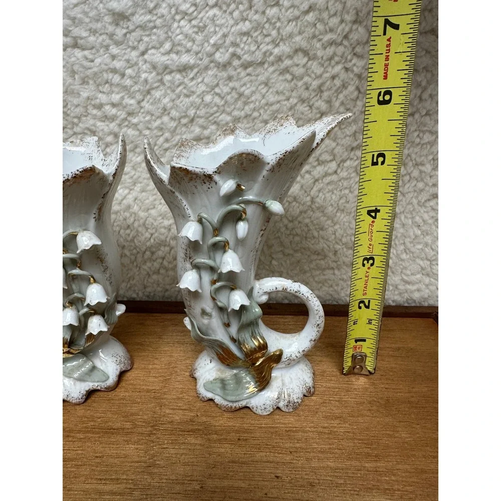 Vintage Cornucopia Vases White Lily of the Valley Gold Gilt Set 2 Lefton China